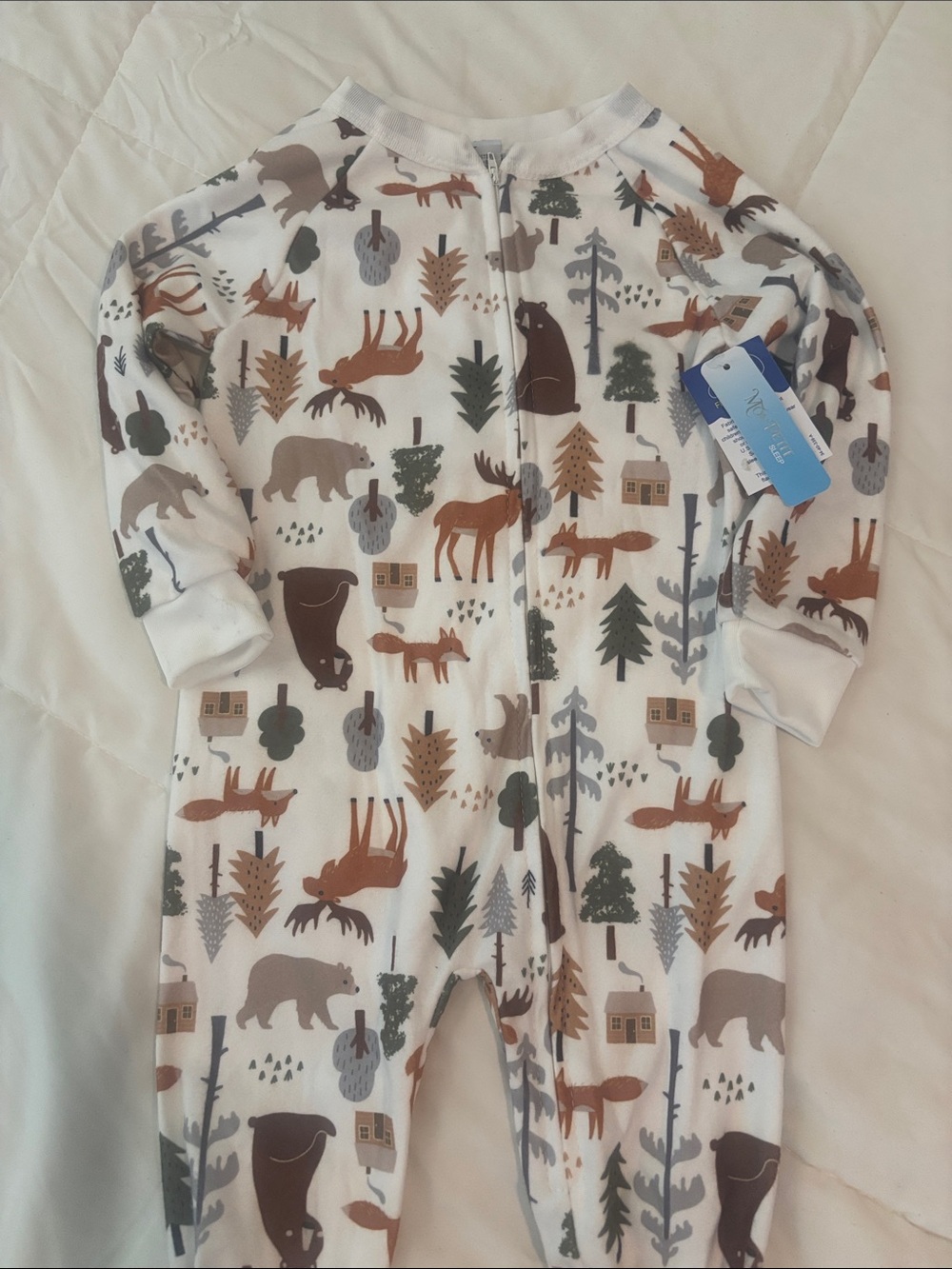 Woodland Animals Zip-Up Footie One-Piece - White with Brown & Green Prints